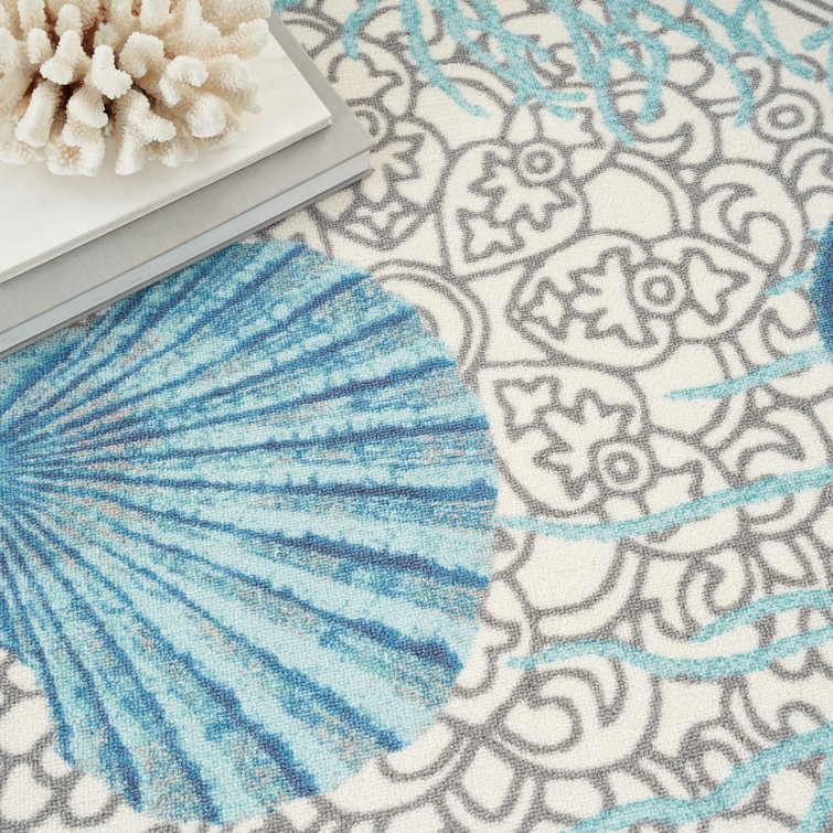 Ivory Blue Floral Synthetic Rectangular Area Rug 6'6" x 9'6"