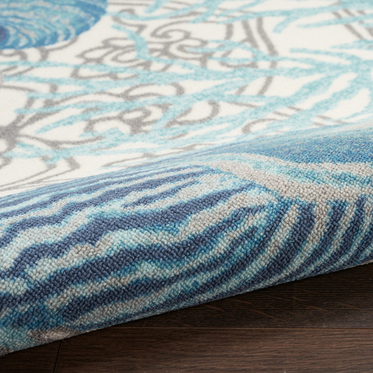 Ivory Blue Floral Synthetic Rectangular Area Rug 6'6" x 9'6"