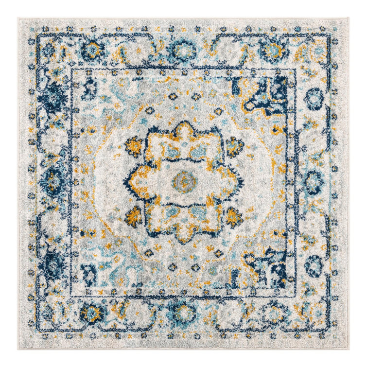 Gray and Blue Square Oriental Synthetic Rug