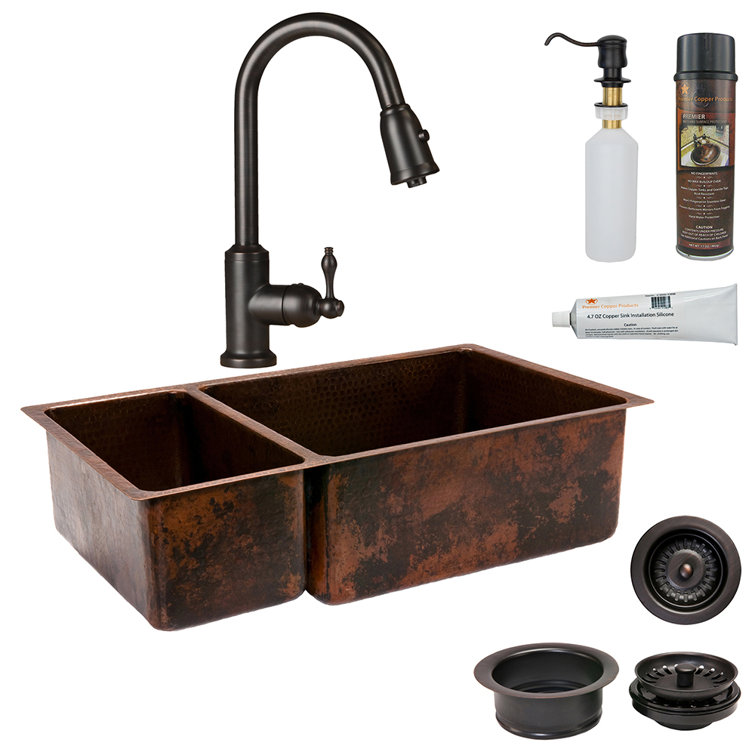 33" Hammered Copper Double Basin Drop-in Kitchen Sink