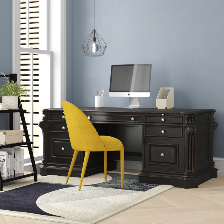 Black Traditional Solid Wood Executive Desk with Drawers