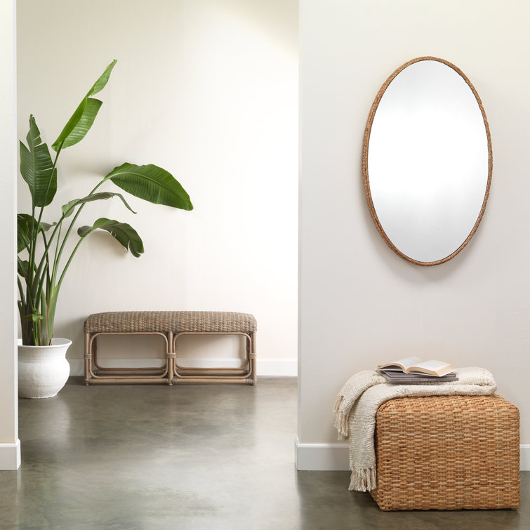 Natural Beige Handwoven Rattan Coastal Ottoman