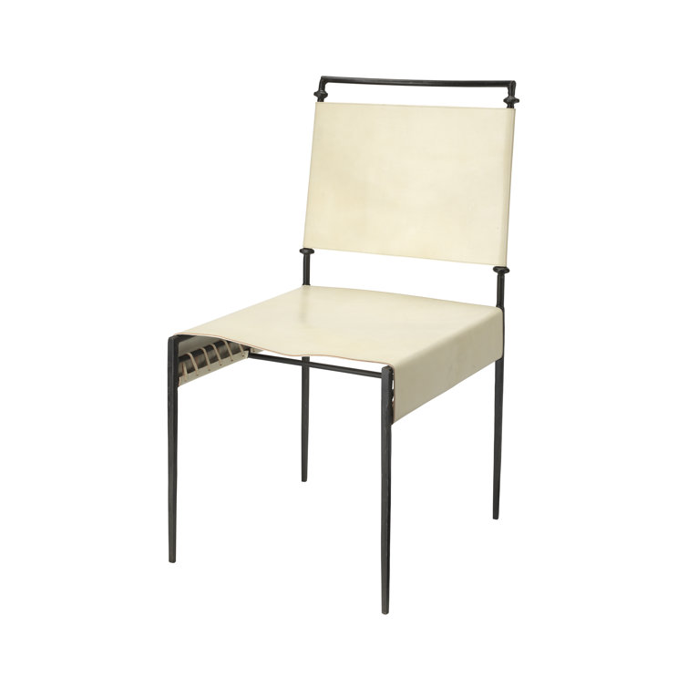 Off-White Leather and Metal Upholstered Side Chair