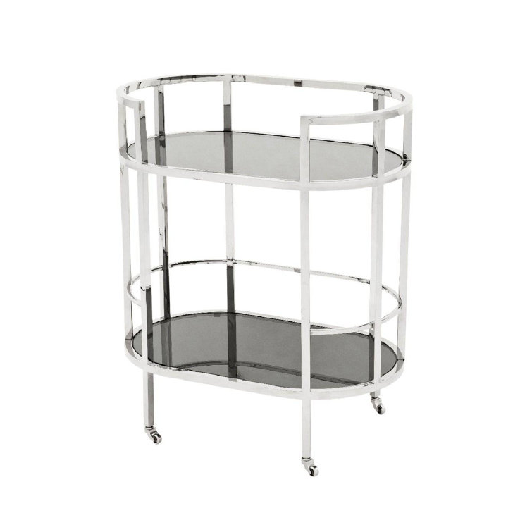 Silver Stainless Steel Bar Cart with Black Glass Shelves