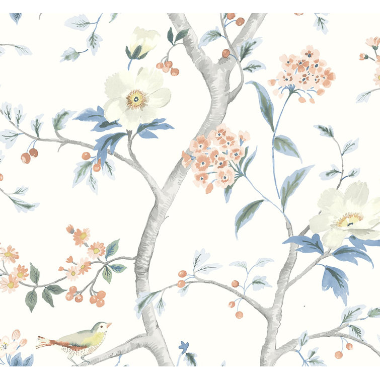 Melon and Carolina Blue Floral Trail Peel and Stick Wallpaper