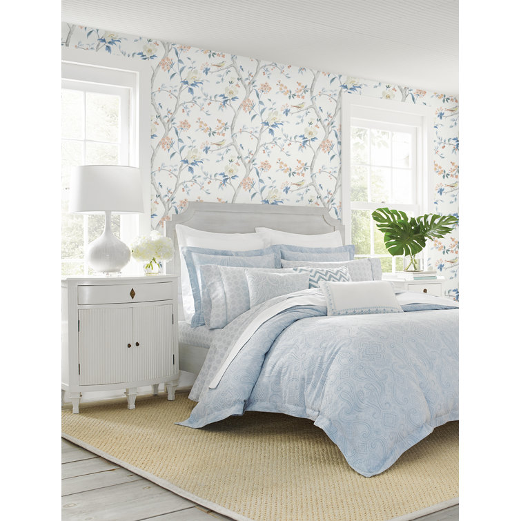 Melon and Carolina Blue Floral Trail Peel and Stick Wallpaper
