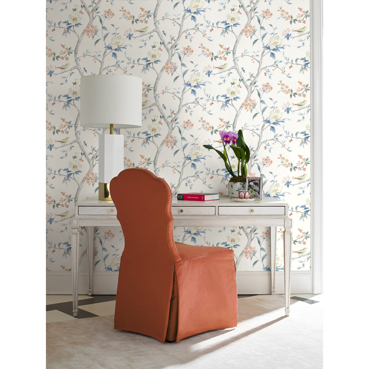Melon and Carolina Blue Floral Trail Peel and Stick Wallpaper