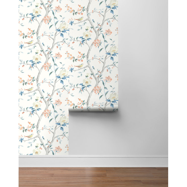 Melon and Carolina Blue Floral Trail Peel and Stick Wallpaper