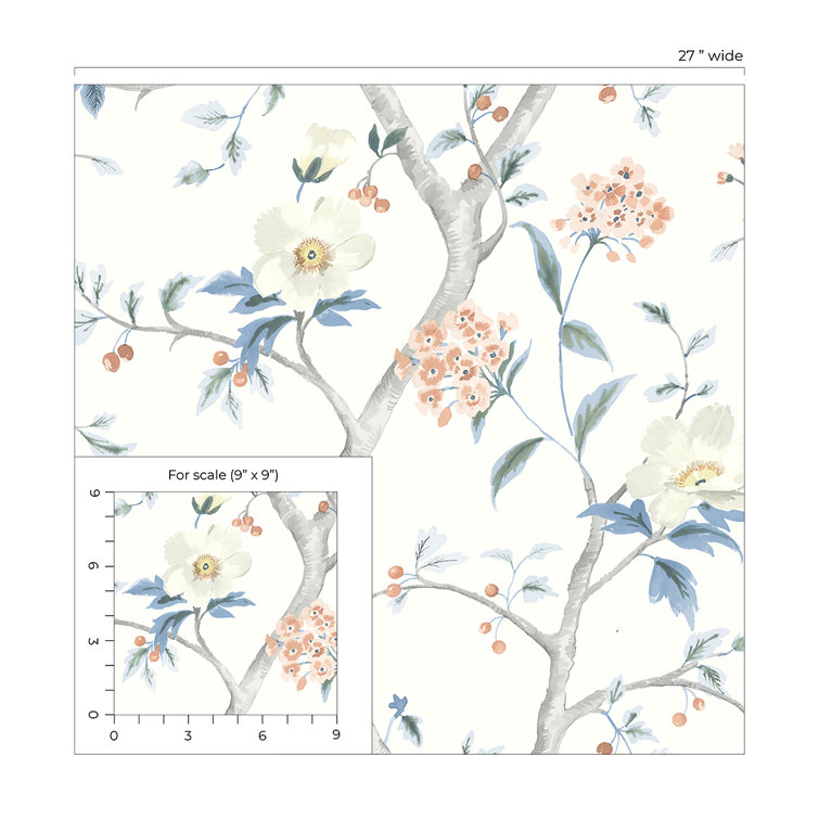Melon and Carolina Blue Floral Trail Peel and Stick Wallpaper
