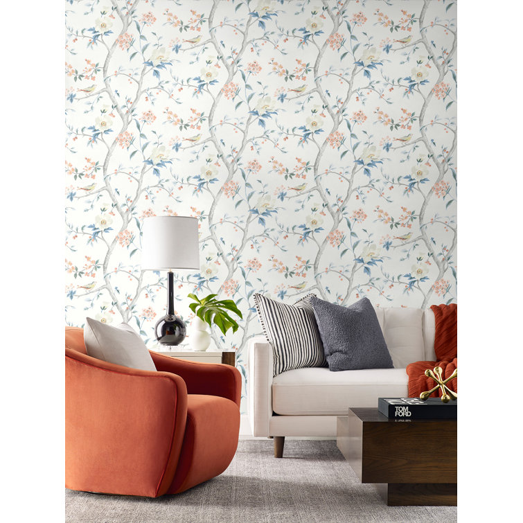 Melon and Carolina Blue Floral Trail Peel and Stick Wallpaper
