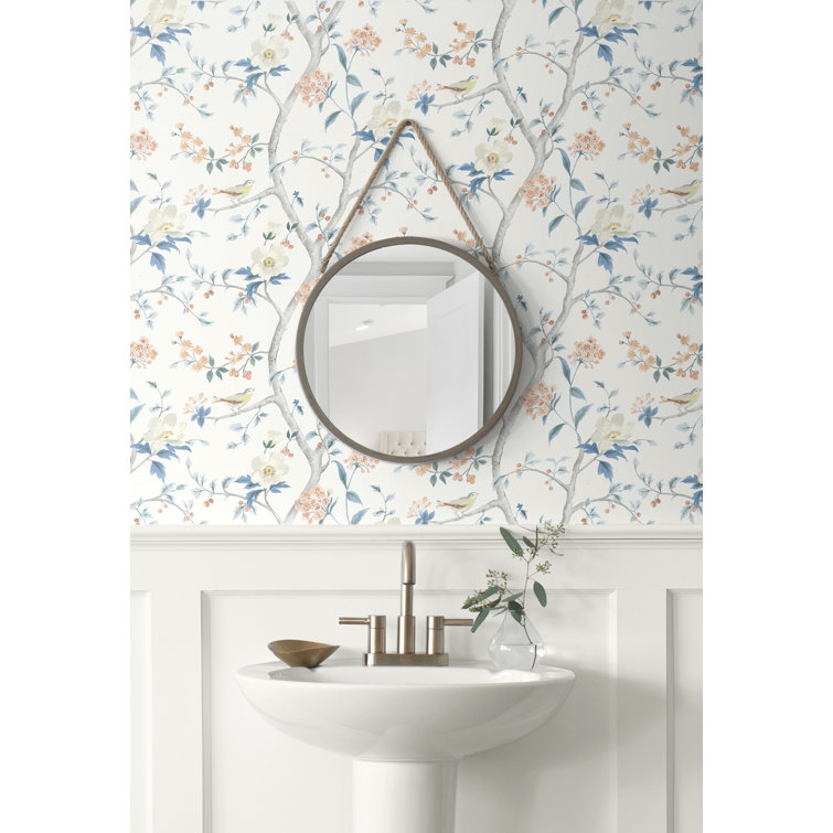 Melon and Carolina Blue Floral Trail Peel and Stick Wallpaper