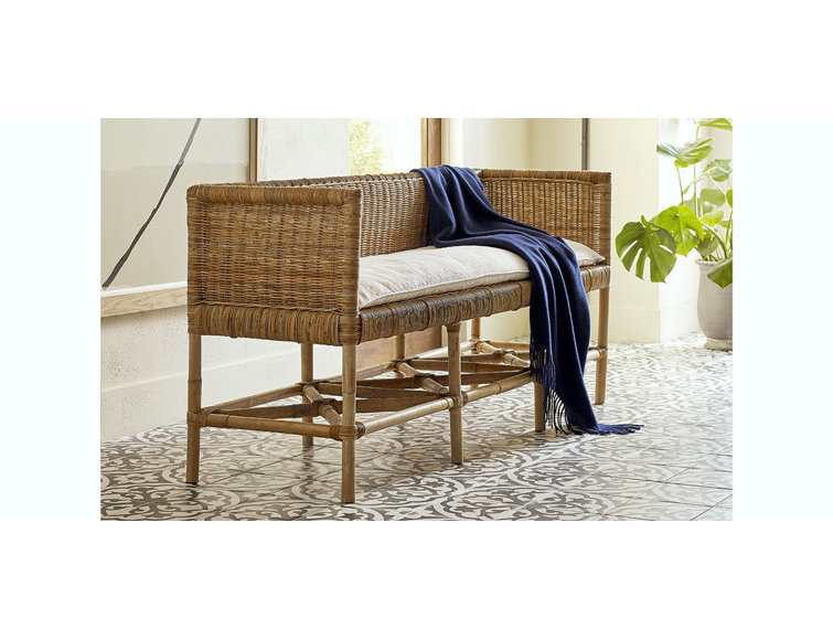 Natural Rattan Bench with Sugar Crypton Chenille Upholstery
