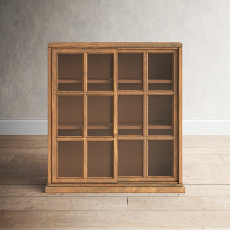 Transitional Oak 3-Tier 38" Bookcase with Sliding Glass Doors