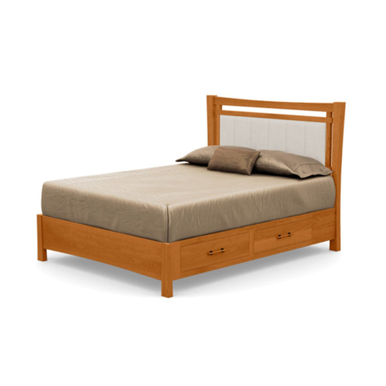 Full Natural Cherry Wood Upholstered Storage Bed with Onyx Headboard
