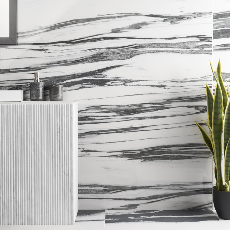 Ink Collection 24x48 Polished Black & White Marble Look Porcelain Tile
