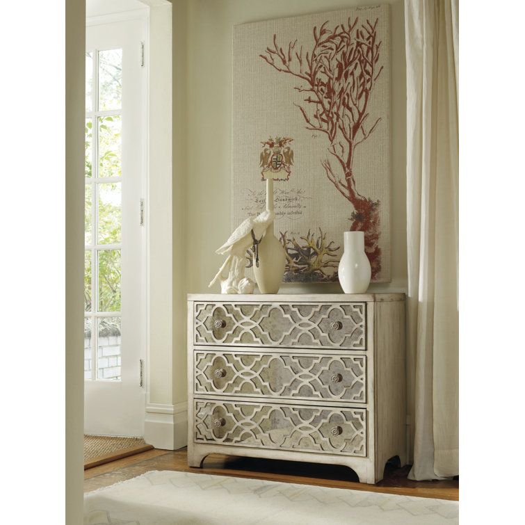 White Mirrored 3-Drawer Accent Chest with Fretwork