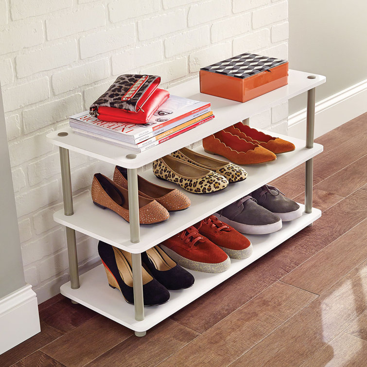 White 3-Tier Wood and Metal Stackable Shoe Organizer