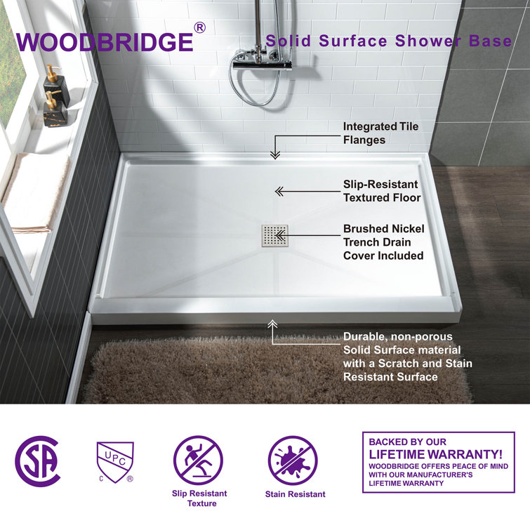 36" White Rectangular Shower Pan Base with Brushed Nickel Drain