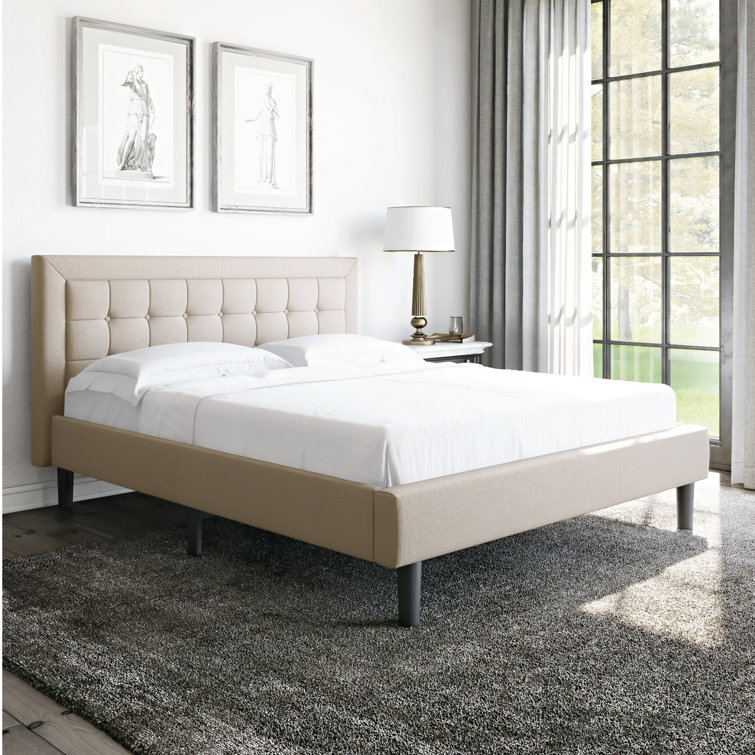 Transitional Linen Queen Upholstered Platform Bed with Tufted Headboard