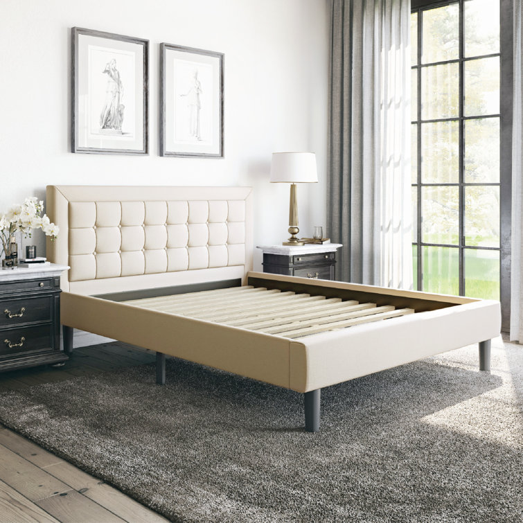 Transitional Linen Queen Upholstered Platform Bed with Tufted Headboard