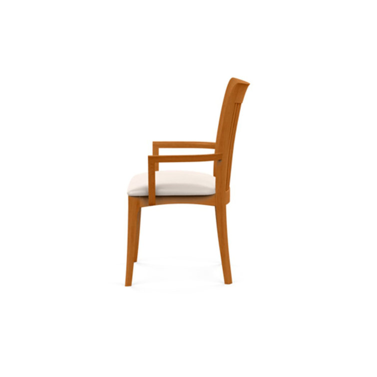 Modern Cherry Wood Slat Arm Chair with White Leather Upholstery