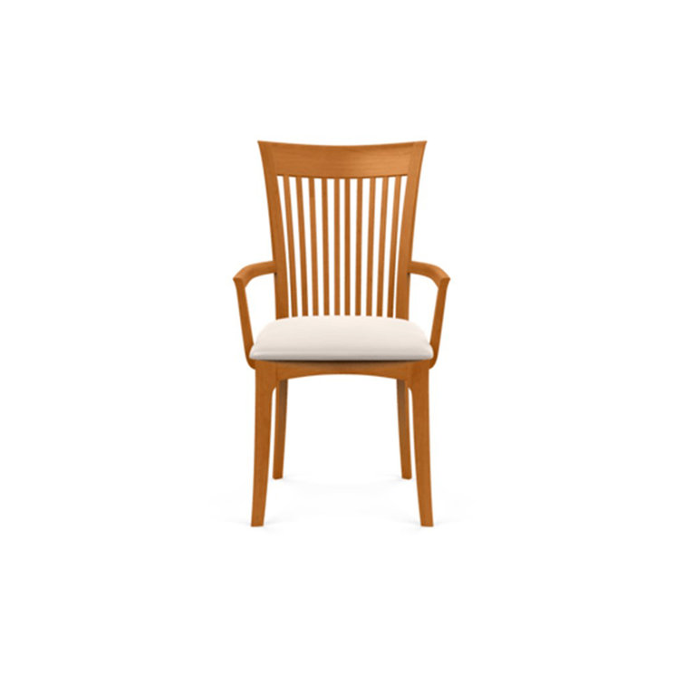 Modern Cherry Wood Slat Arm Chair with White Leather Upholstery