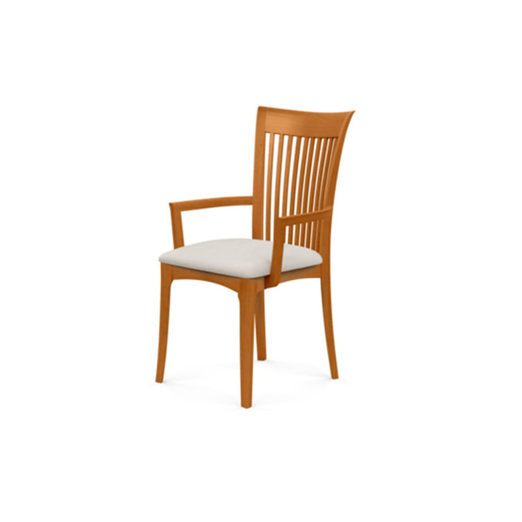 Modern Cherry Wood Slat Arm Chair with White Leather Upholstery