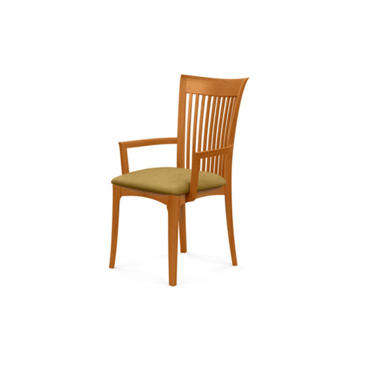 Modern Cherry Wood Slat Arm Chair with White Leather Upholstery