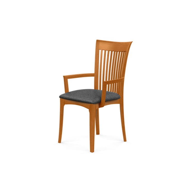 Modern Cherry Wood Slat Arm Chair with White Leather Upholstery