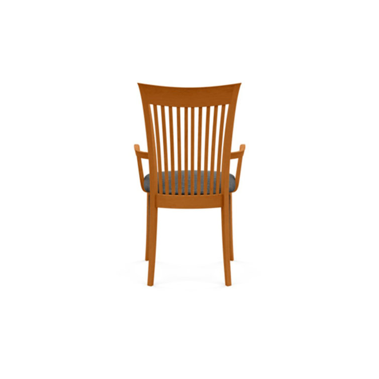 Modern Cherry Wood Slat Arm Chair with White Leather Upholstery
