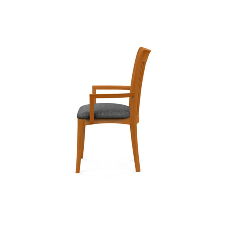 Modern Cherry Wood Slat Arm Chair with White Leather Upholstery