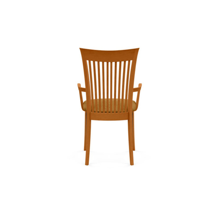 Modern Cherry Wood Slat Arm Chair with White Leather Upholstery