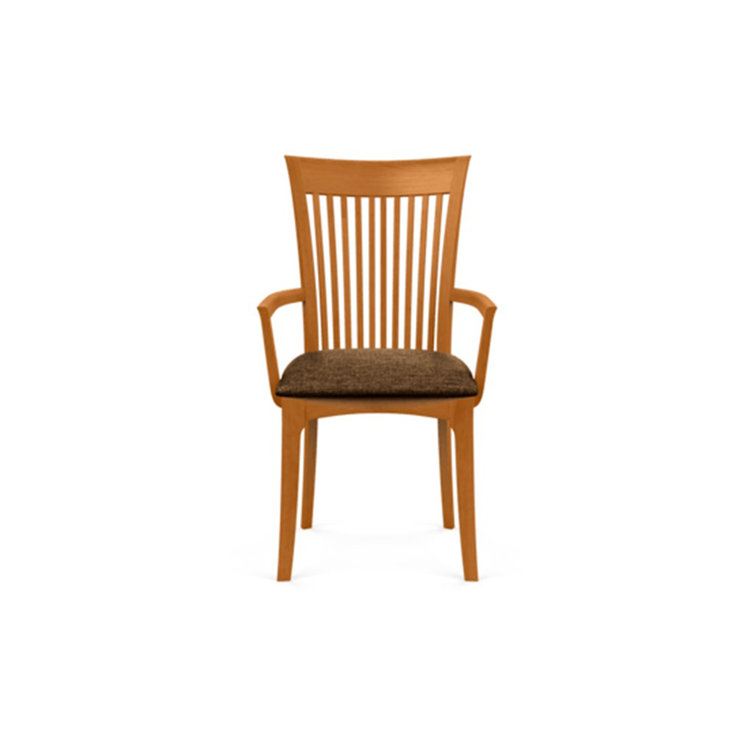 Modern Cherry Wood Slat Arm Chair with White Leather Upholstery