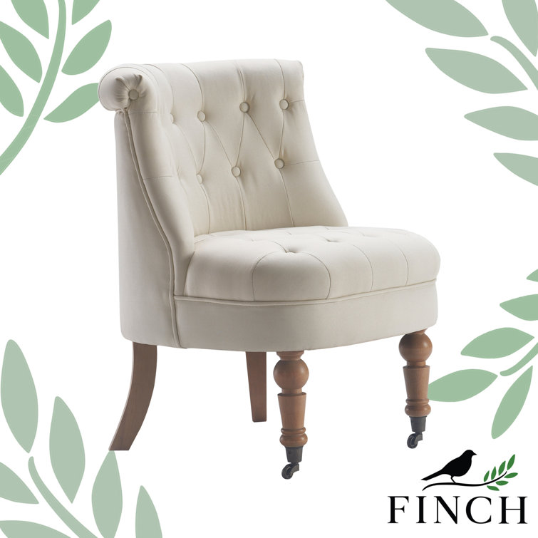Vintage Cream Tufted Linen Slipper Chair with Wooden Legs