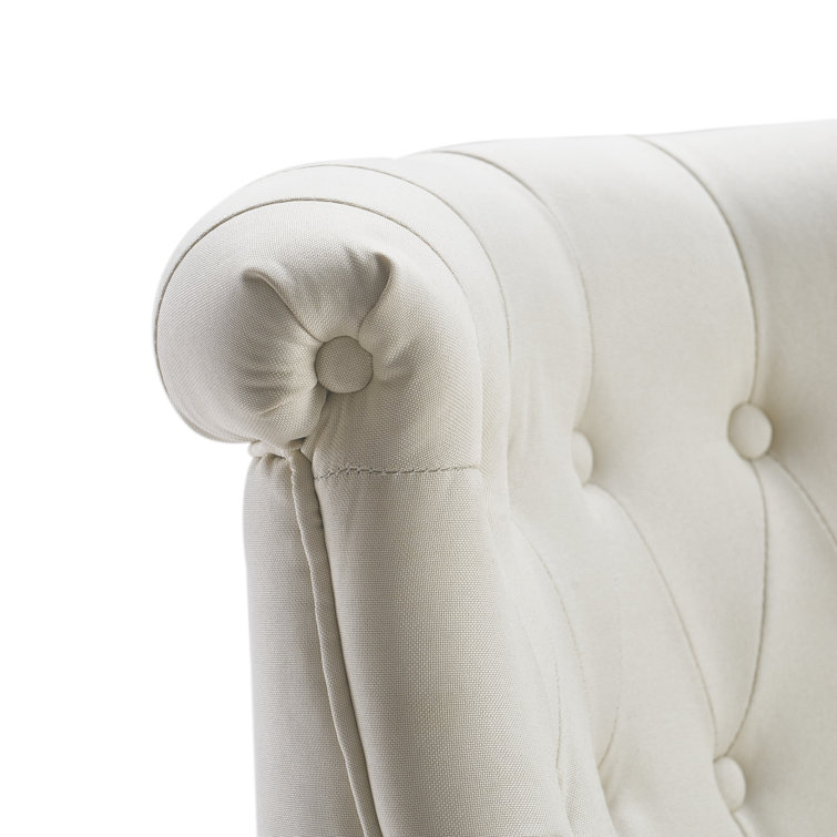 Vintage Cream Tufted Linen Slipper Chair with Wooden Legs
