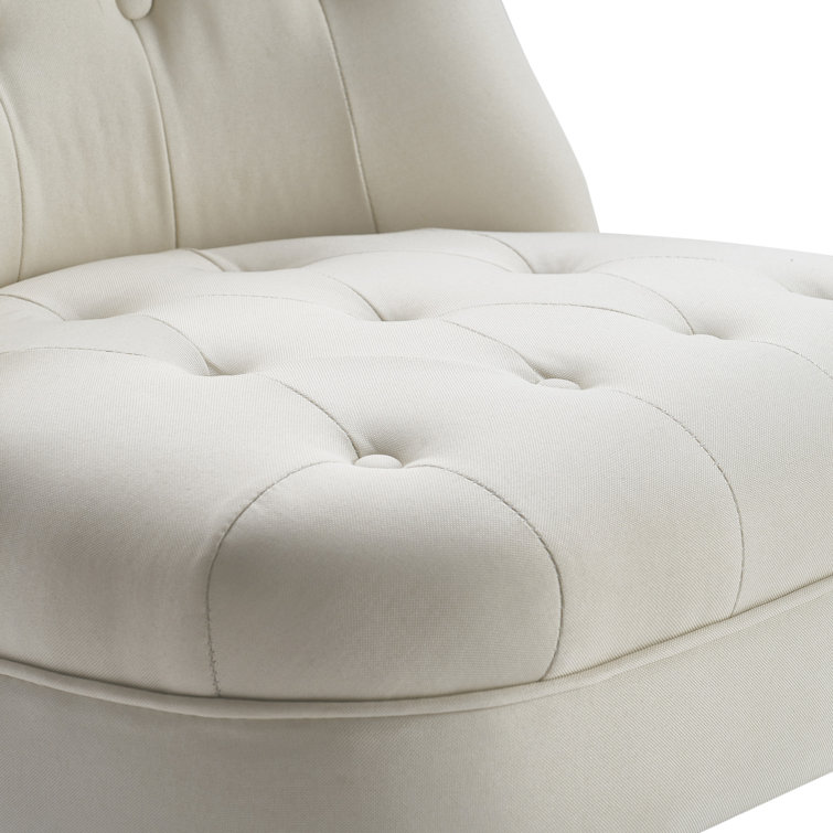 Vintage Cream Tufted Linen Slipper Chair with Wooden Legs