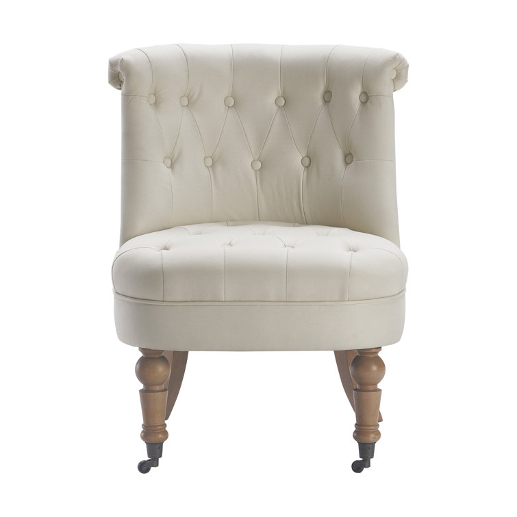 Vintage Cream Tufted Linen Slipper Chair with Wooden Legs