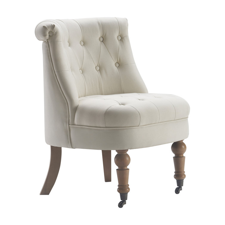 Vintage Cream Tufted Linen Slipper Chair with Wooden Legs