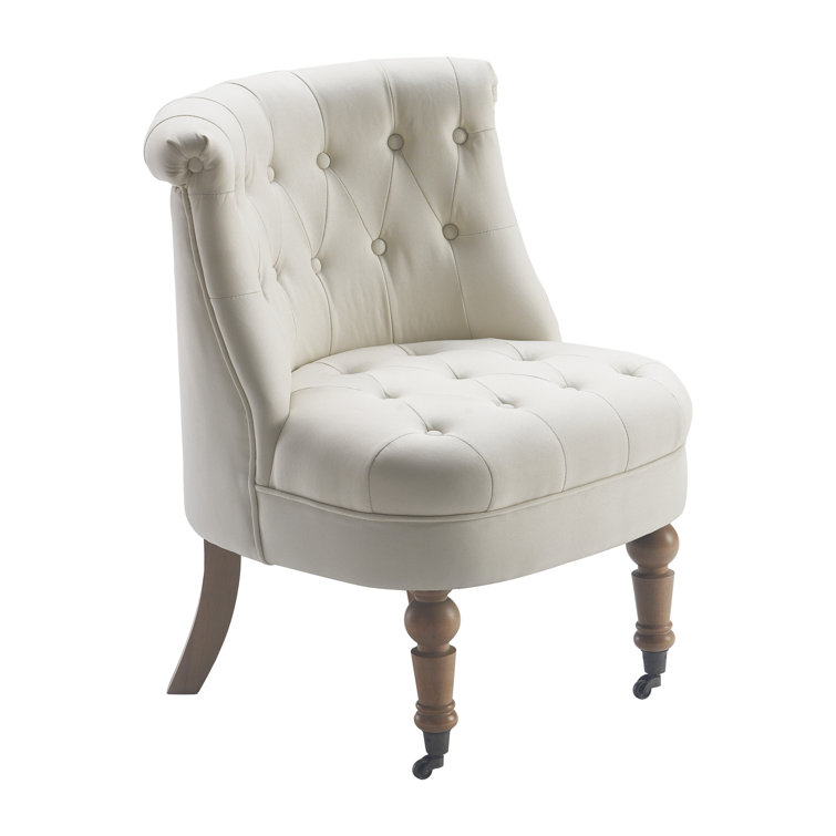 Vintage Cream Tufted Linen Slipper Chair with Wooden Legs
