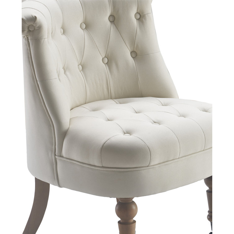 Vintage Cream Tufted Linen Slipper Chair with Wooden Legs