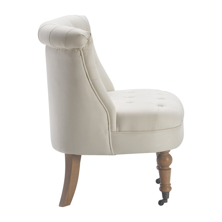 Vintage Cream Tufted Linen Slipper Chair with Wooden Legs