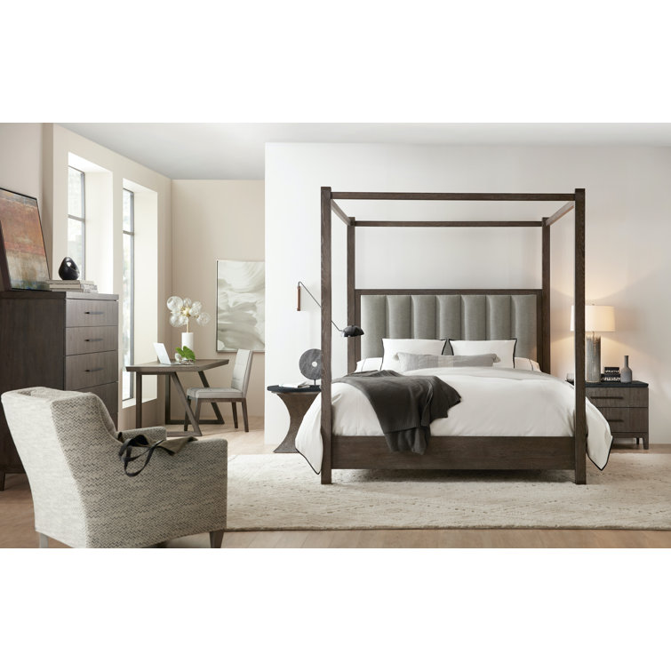 Queen Oak Upholstered Canopy Bed with Tufted Headboard