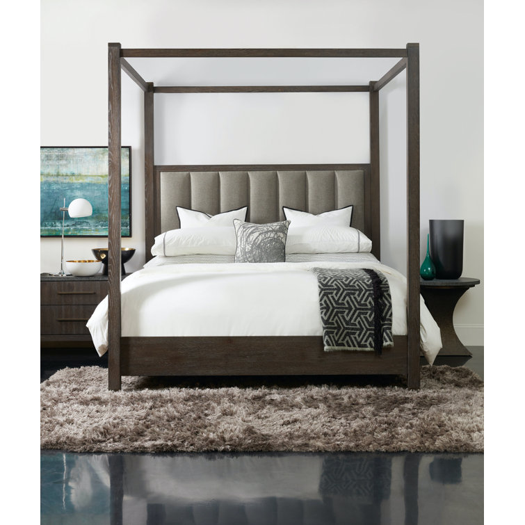 Queen Oak Upholstered Canopy Bed with Tufted Headboard