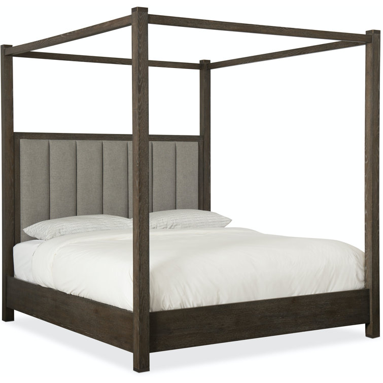 Queen Oak Upholstered Canopy Bed with Tufted Headboard