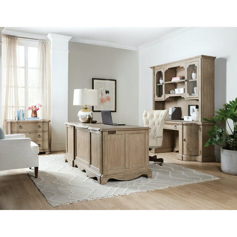 Beige Traditional Executive Desk with 7 Drawers and Keyboard Tray