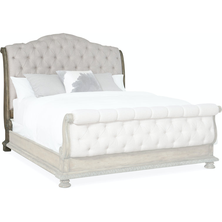 Beige and Brown King Upholstered Sleigh Bed with Tufted Headboard