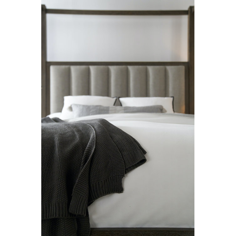 Queen Oak Upholstered Canopy Bed with Tufted Headboard
