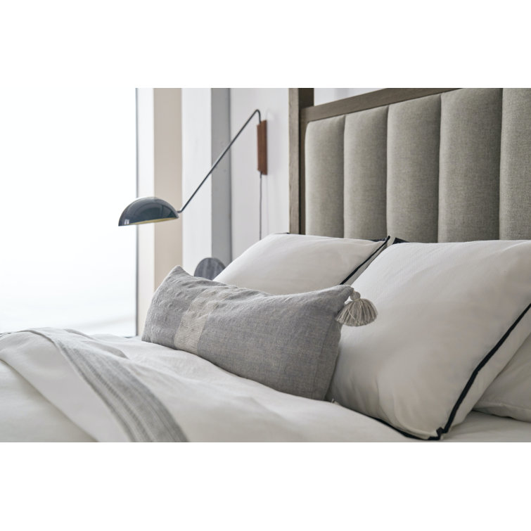Queen Oak Upholstered Canopy Bed with Tufted Headboard