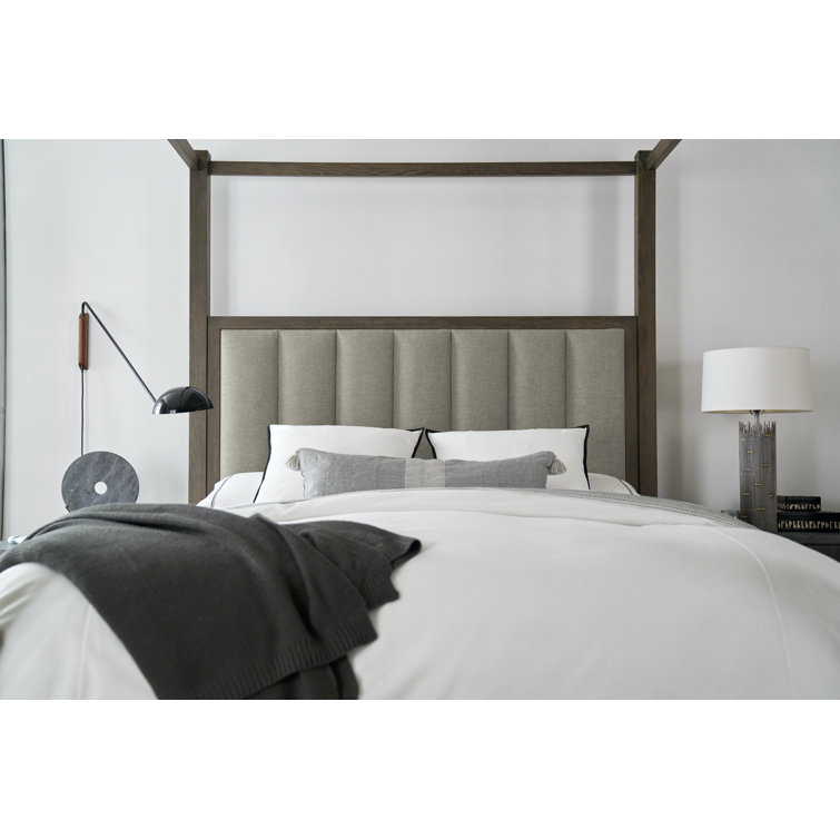 Queen Oak Upholstered Canopy Bed with Tufted Headboard