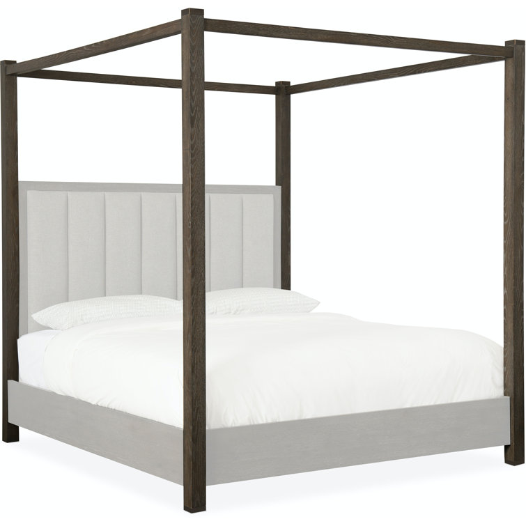 Queen Oak Upholstered Canopy Bed with Tufted Headboard